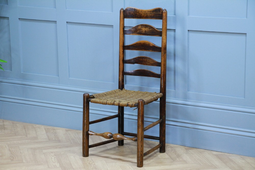 Antique Georgian Country Made Primitive Solid Ash Rope Seated Ladder Back Chair View XIII