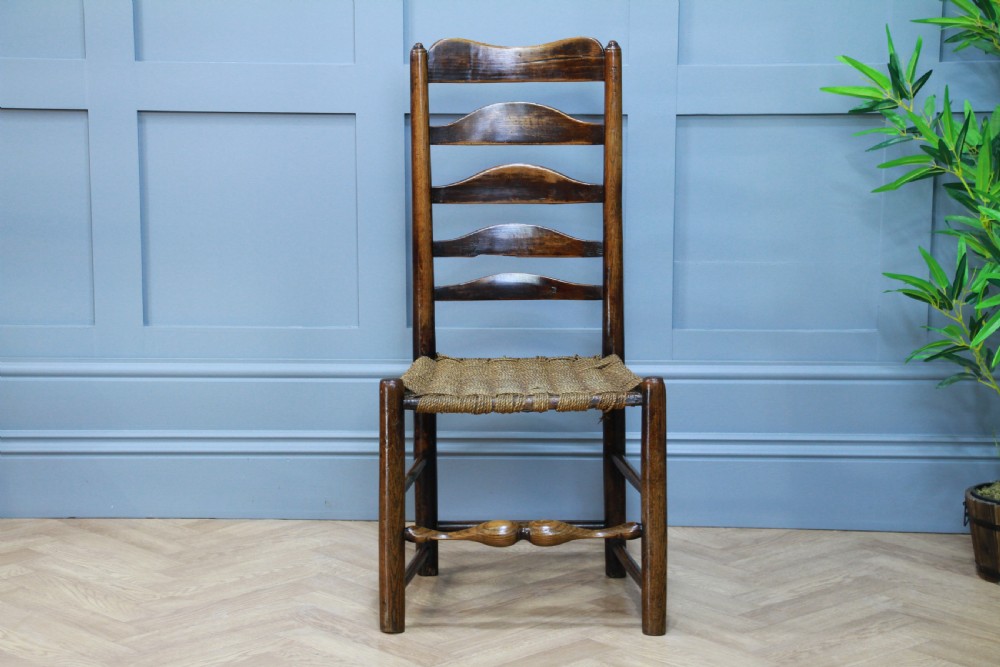 Antique Georgian Country Made Primitive Solid Ash Rope Seated Ladder Back Chair View XV