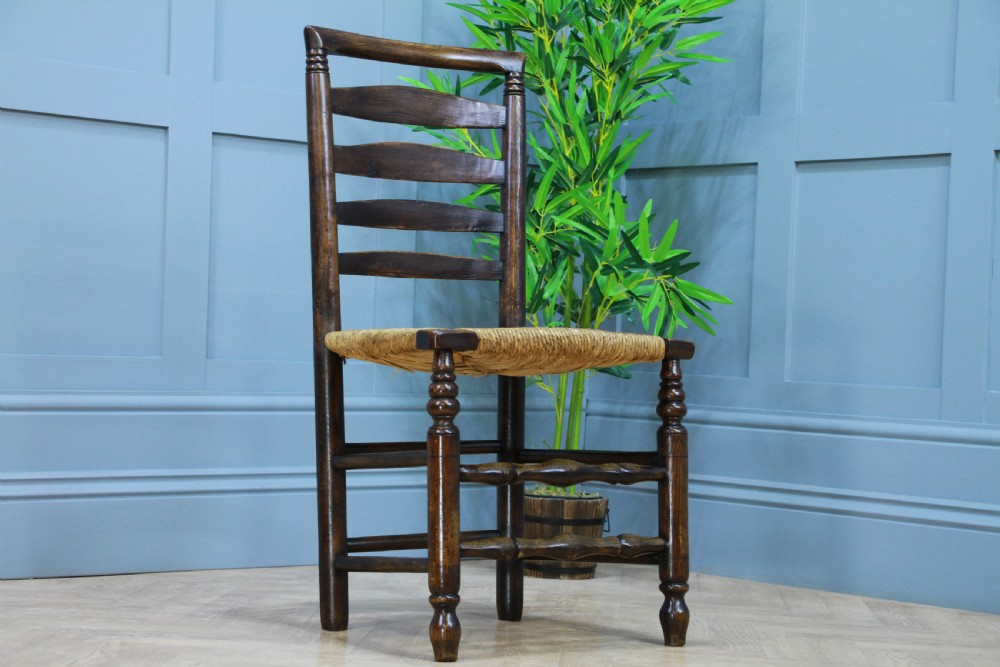 Antique Georgian Country Primitive Solid Ash Rush Seated Hall Ladder Back Chair View V