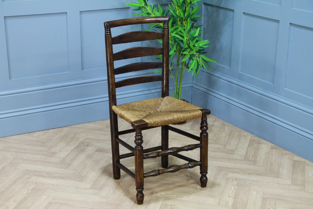 Antique Georgian Country Primitive Solid Ash Rush Seated Hall Ladder Back Chair View VI
