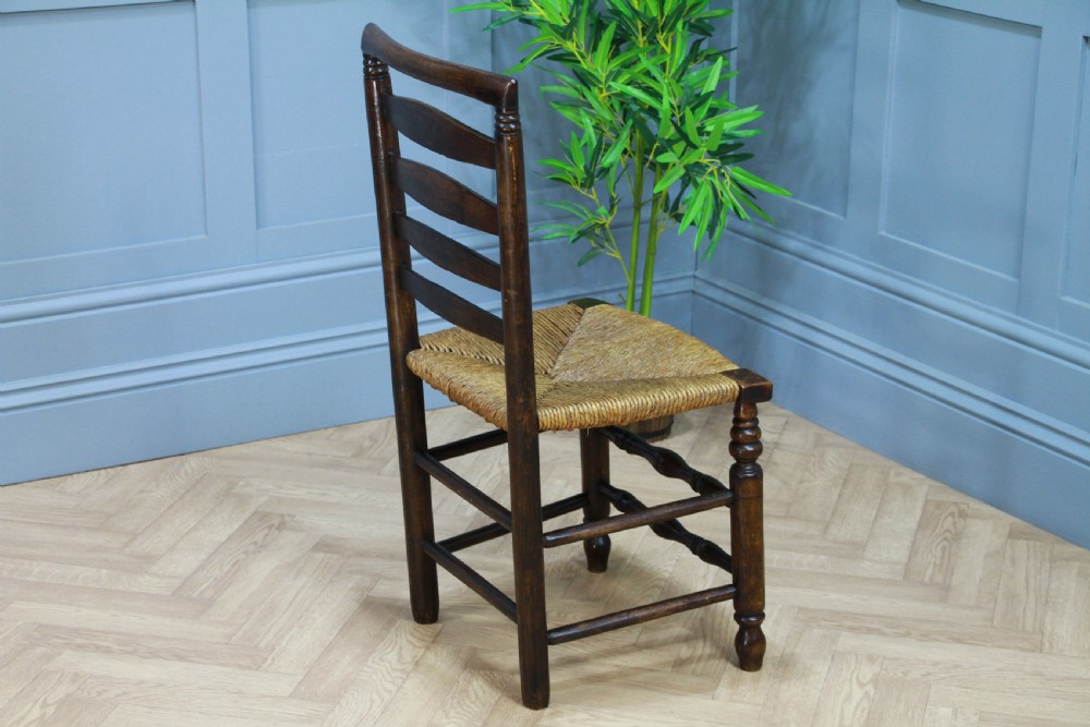 Antique Georgian Country Primitive Solid Ash Rush Seated Hall Ladder Back Chair View VII