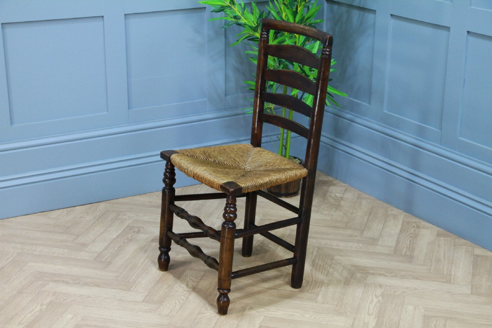 Antique Georgian Country Primitive Solid Ash Rush Seated Hall Ladder Back Chair View XI