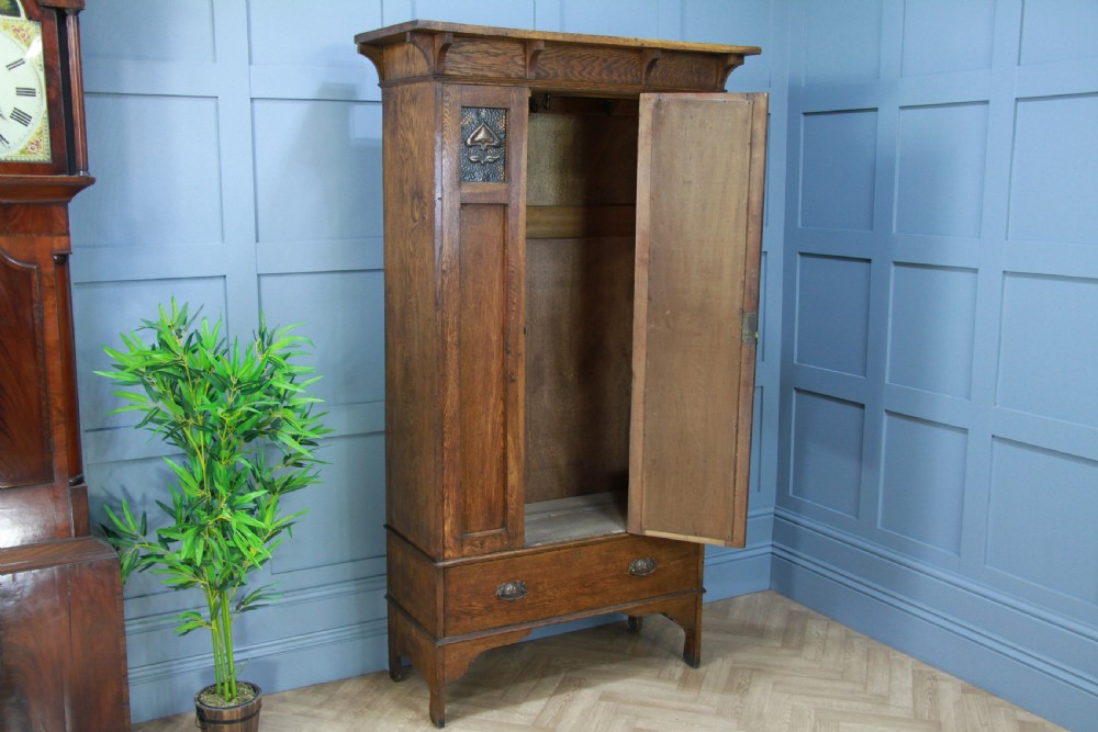 Original Antique Edwardian Art Nouveau Solid Meduim Oak Small Single Wardrobe View V