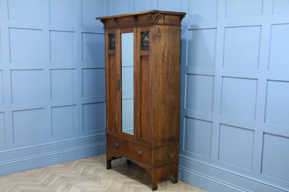 Original Antique Edwardian Art Nouveau Solid Meduim Oak Small Single Wardrobe View IX