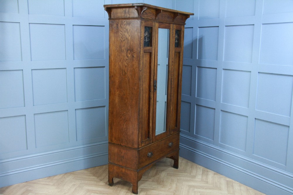 Original Antique Edwardian Art Nouveau Solid Meduim Oak Small Single Wardrobe View XI