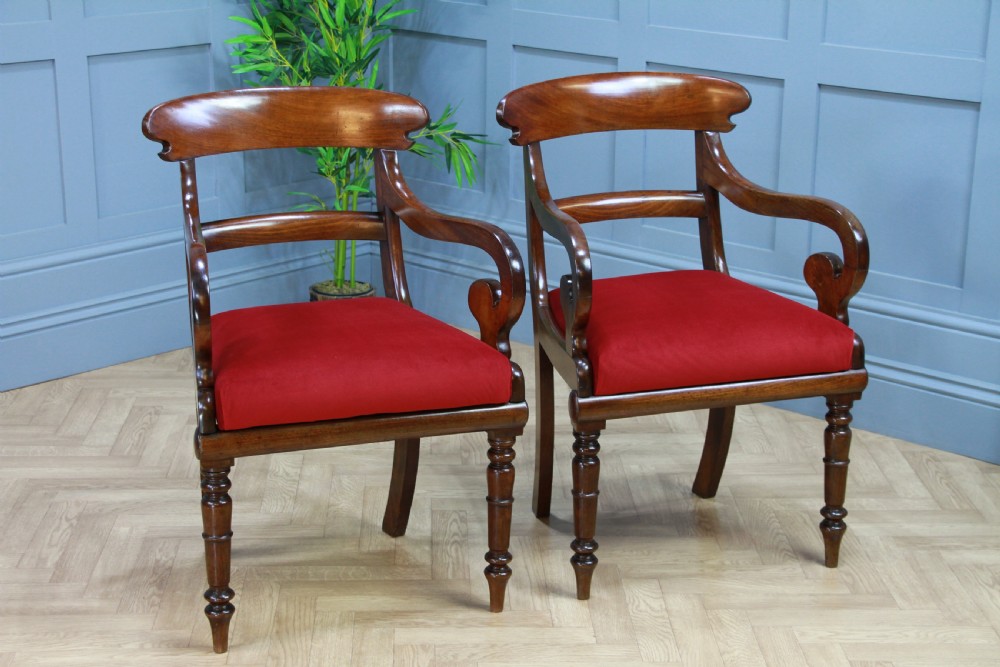 Pair of Antique Georgian Regency Solid Mahogany Scroll Arm Carver Chairs 1820
