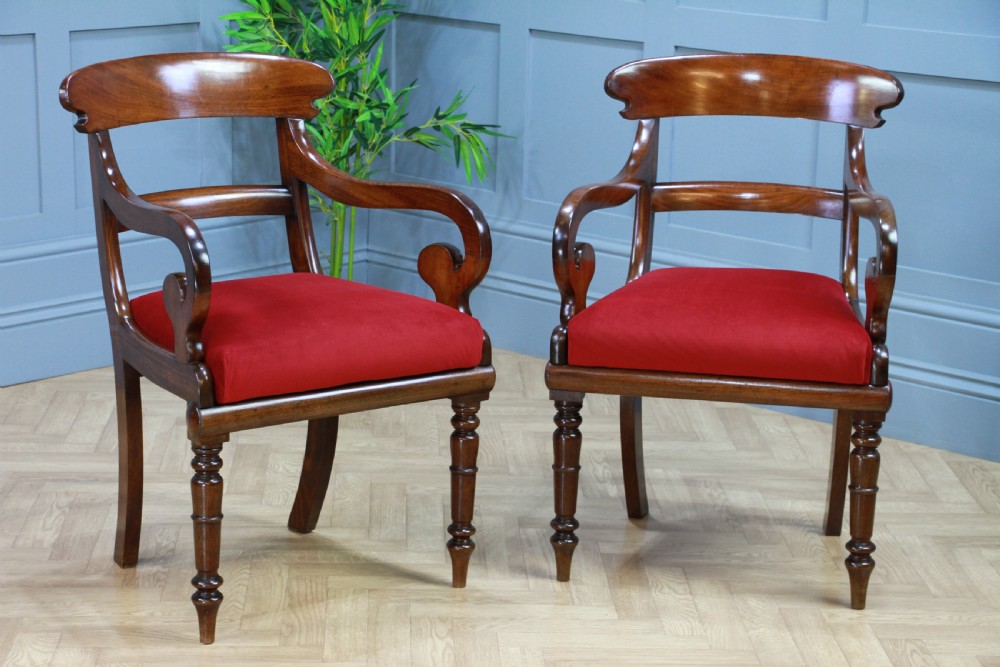 Pair of Antique Georgian Regency Solid Mahogany Scroll Arm Carver Chairs 1820 View II