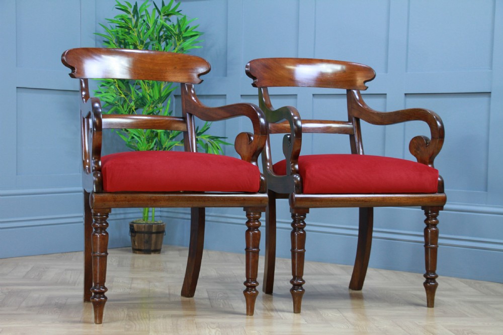 Pair of Antique Georgian Regency Solid Mahogany Scroll Arm Carver Chairs 1820 View III
