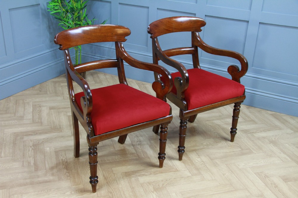 Pair of Antique Georgian Regency Solid Mahogany Scroll Arm Carver Chairs 1820 View V