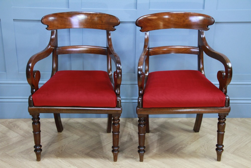 Pair of Antique Georgian Regency Solid Mahogany Scroll Arm Carver Chairs 1820 View VIII