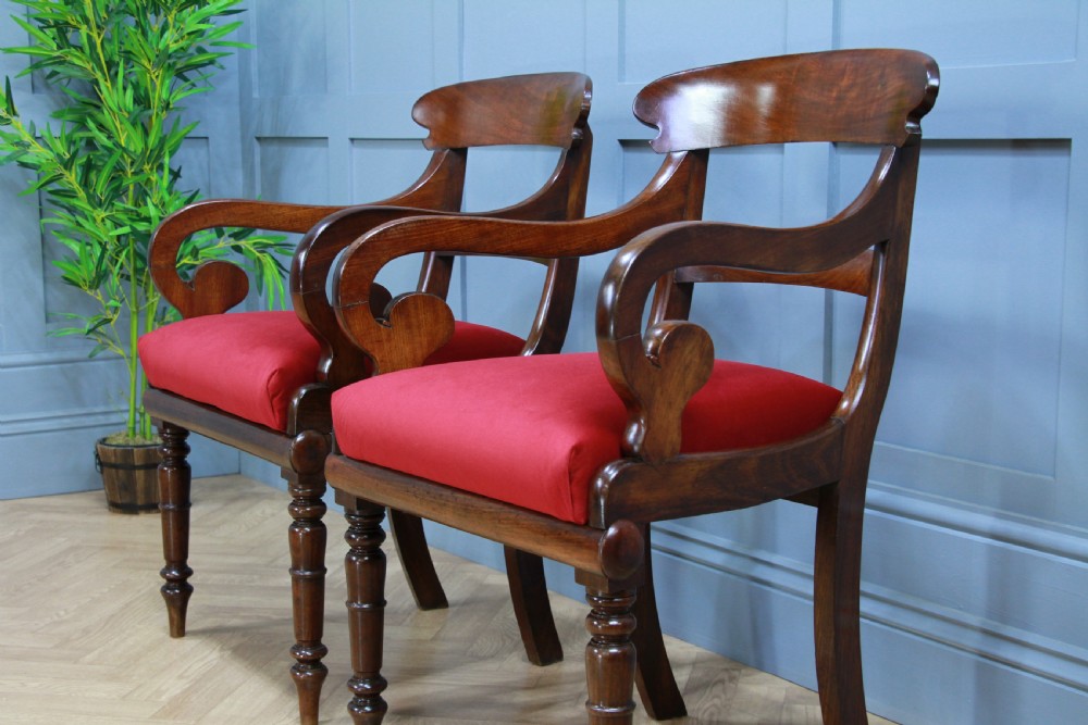 Pair of Antique Georgian Regency Solid Mahogany Scroll Arm Carver Chairs 1820 View IX