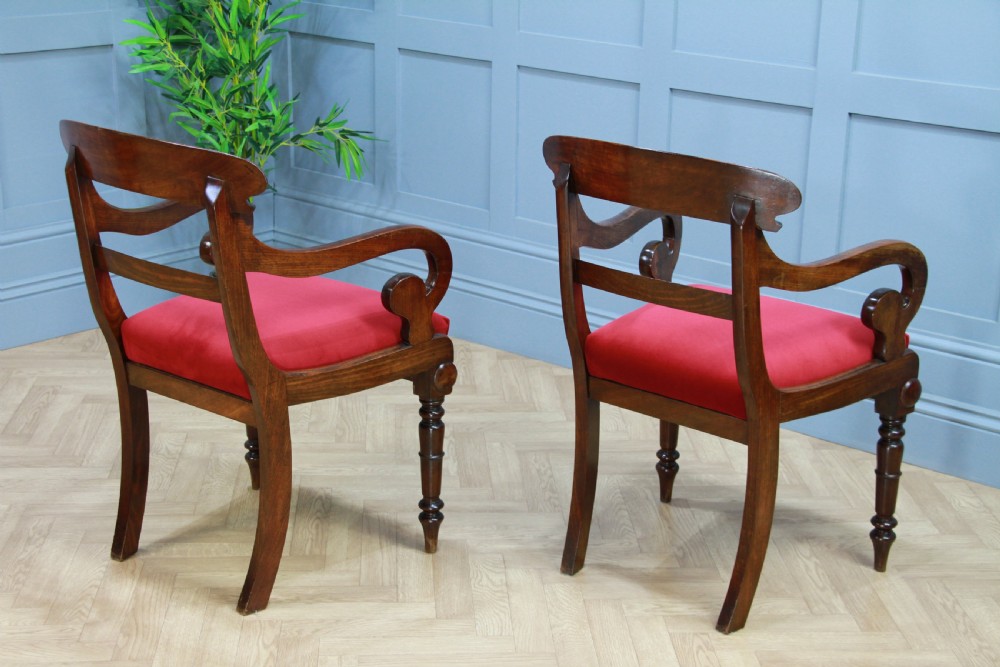 Pair of Antique Georgian Regency Solid Mahogany Scroll Arm Carver Chairs 1820 View X