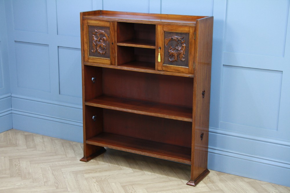 Original Antique Edwardian Arts & Crafts Solid Mahogany Carved Bookcase Cupboard C1900