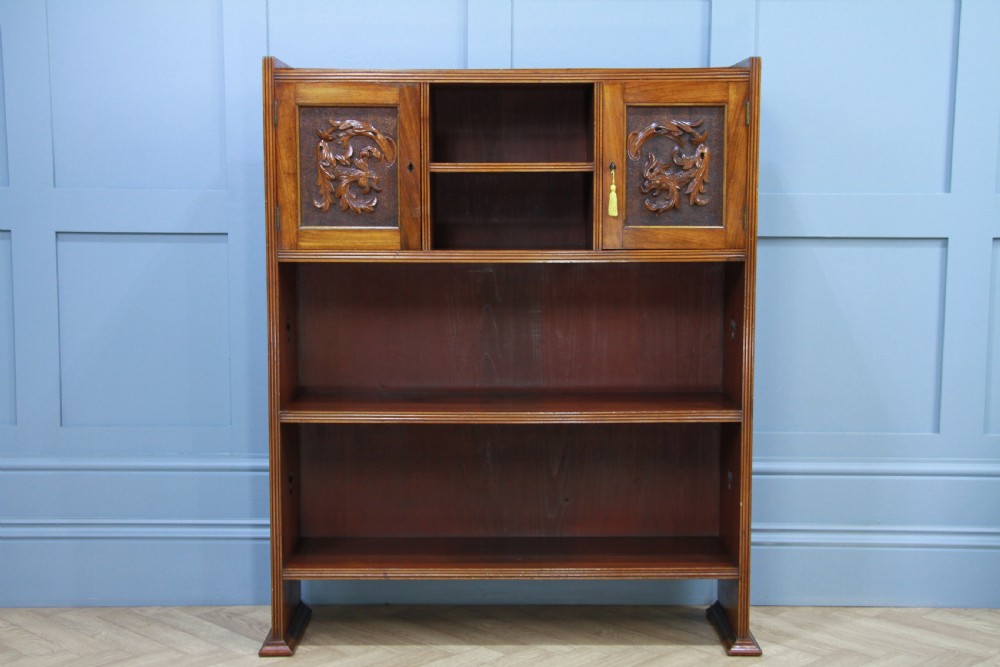 Original Antique Edwardian Arts & Crafts Solid Mahogany Carved Bookcase Cupboard C1900 View II