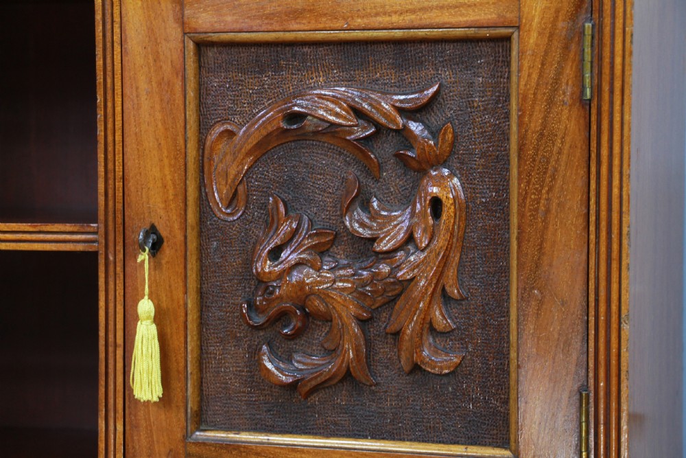 Original Antique Edwardian Arts & Crafts Solid Mahogany Carved Bookcase Cupboard C1900 View III