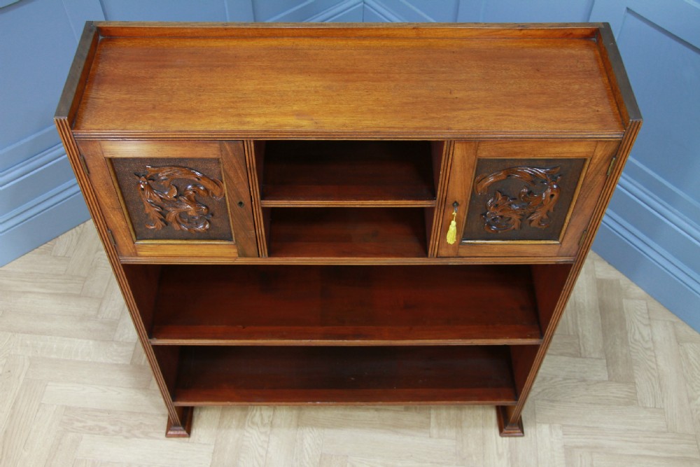 Original Antique Edwardian Arts & Crafts Solid Mahogany Carved Bookcase Cupboard C1900 View IV