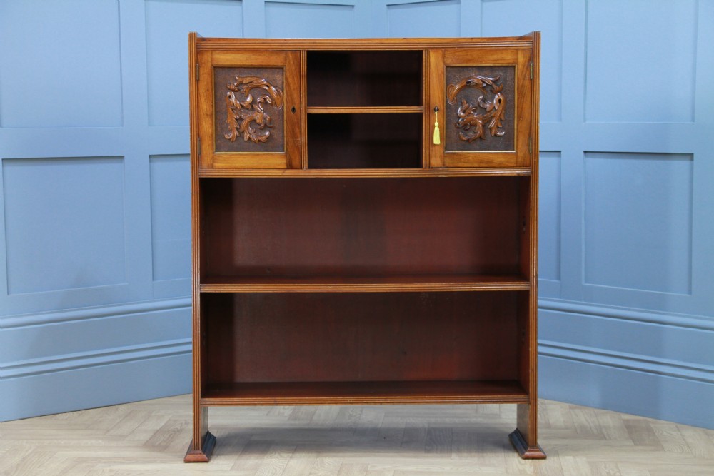 Original Antique Edwardian Arts & Crafts Solid Mahogany Carved Bookcase Cupboard C1900 View V
