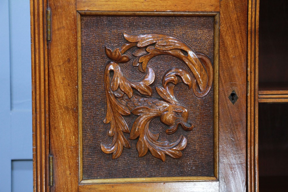 Original Antique Edwardian Arts & Crafts Solid Mahogany Carved Bookcase Cupboard C1900 View VI