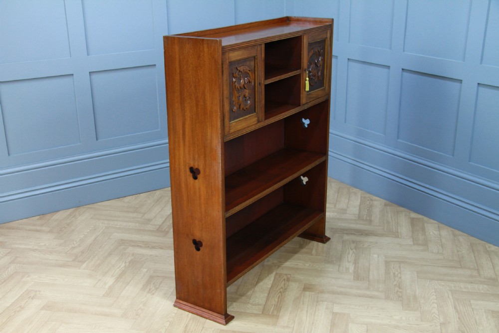 Original Antique Edwardian Arts & Crafts Solid Mahogany Carved Bookcase Cupboard C1900 View VII