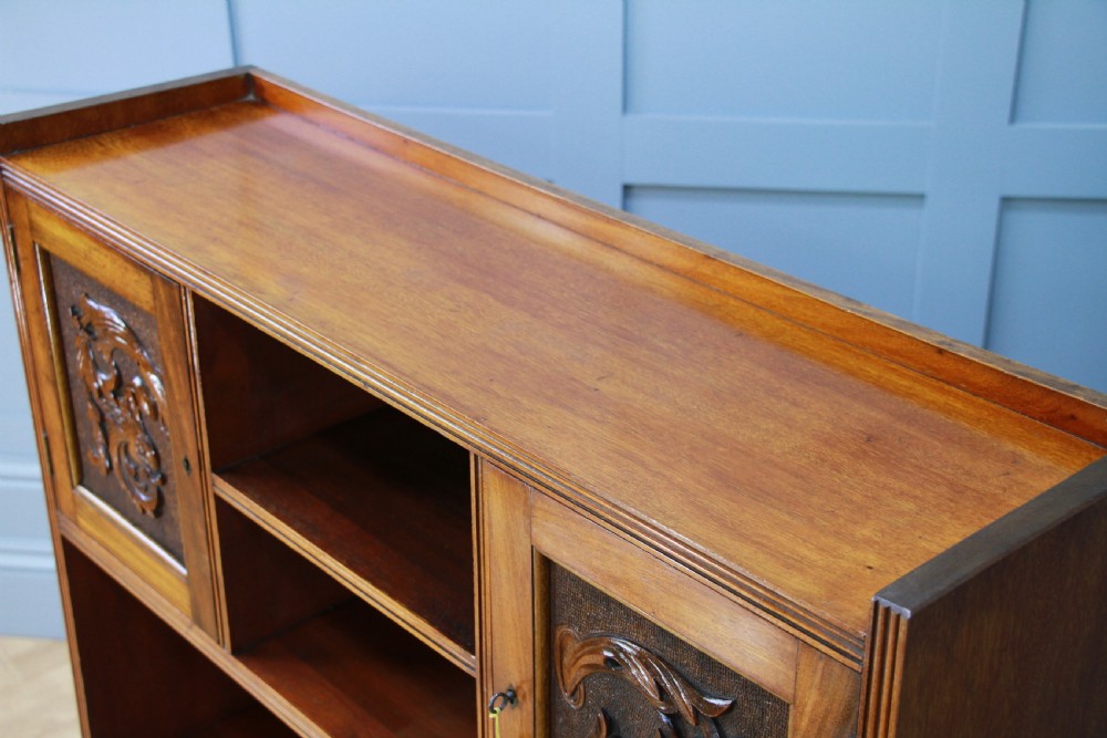 Original Antique Edwardian Arts & Crafts Solid Mahogany Carved Bookcase Cupboard C1900 View VIII