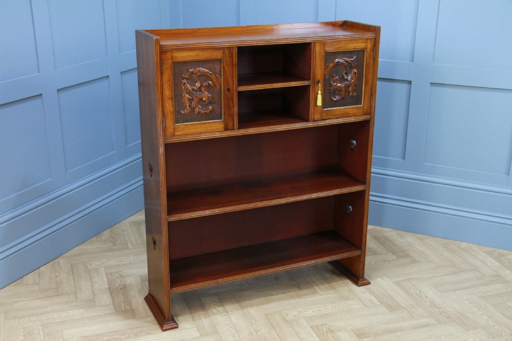 Original Antique Edwardian Arts & Crafts Solid Mahogany Carved Bookcase Cupboard C1900 View IX