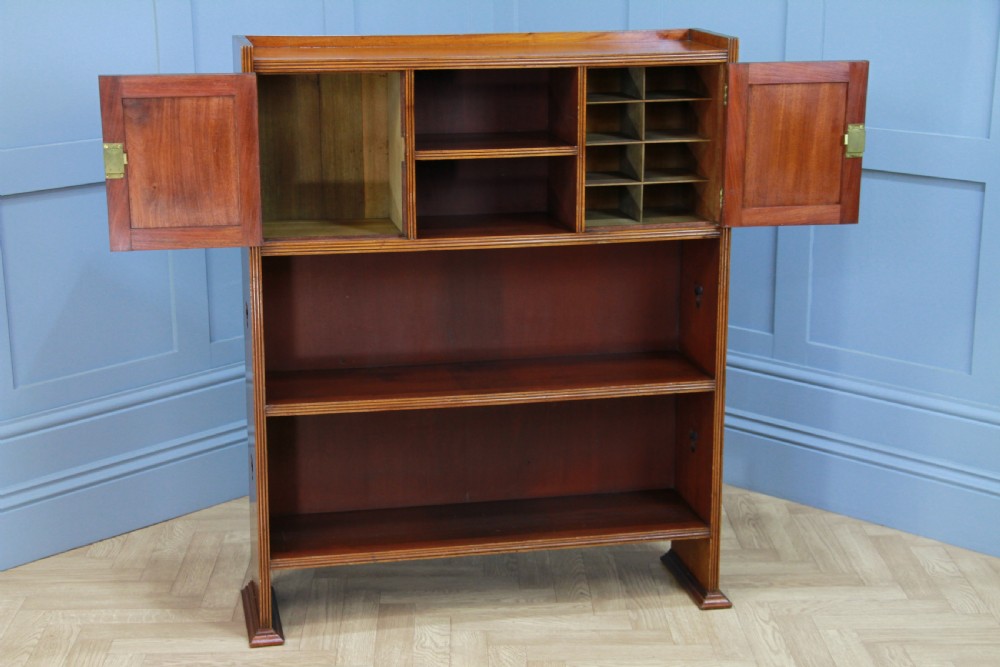 Original Antique Edwardian Arts & Crafts Solid Mahogany Carved Bookcase Cupboard C1900 View X