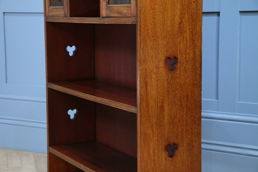 Original Antique Edwardian Arts & Crafts Solid Mahogany Carved Bookcase Cupboard C1900 View XI