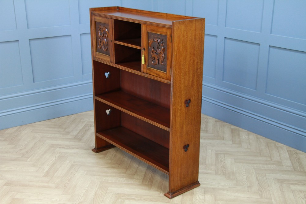 Original Antique Edwardian Arts & Crafts Solid Mahogany Carved Bookcase Cupboard C1900 View XII