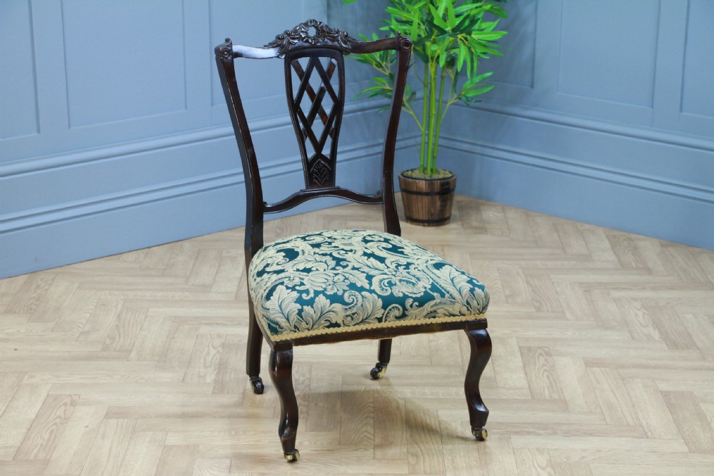 Antique Edwardian Dark Mahogany Carved Upholstered Nursing Chair C1890
 View III