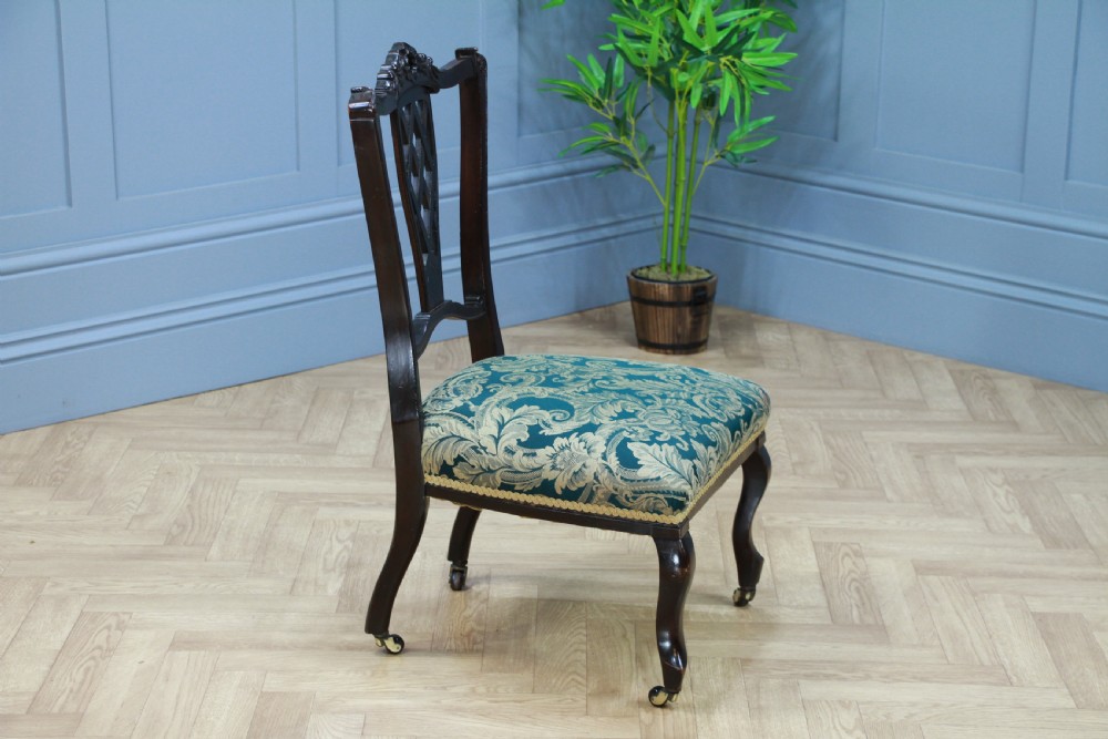 Antique Edwardian Dark Mahogany Carved Upholstered Nursing Chair C1890
 View IV