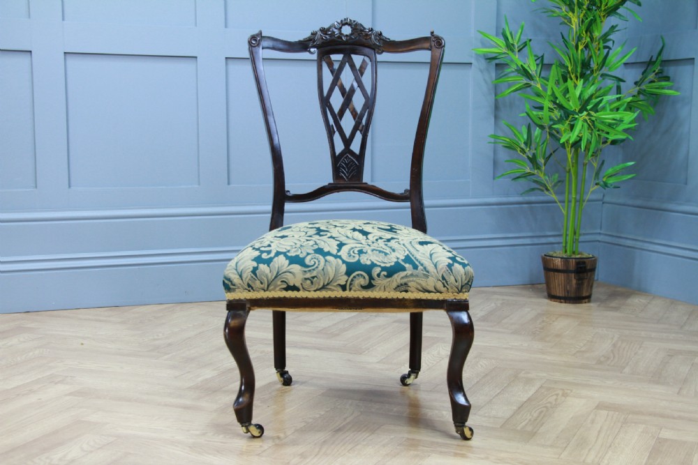 Antique Edwardian Dark Mahogany Carved Upholstered Nursing Chair C1890
 View V