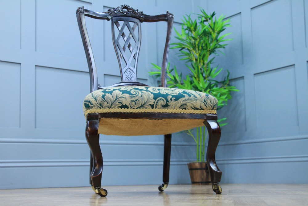 Antique Edwardian Dark Mahogany Carved Upholstered Nursing Chair C1890
 View VIII