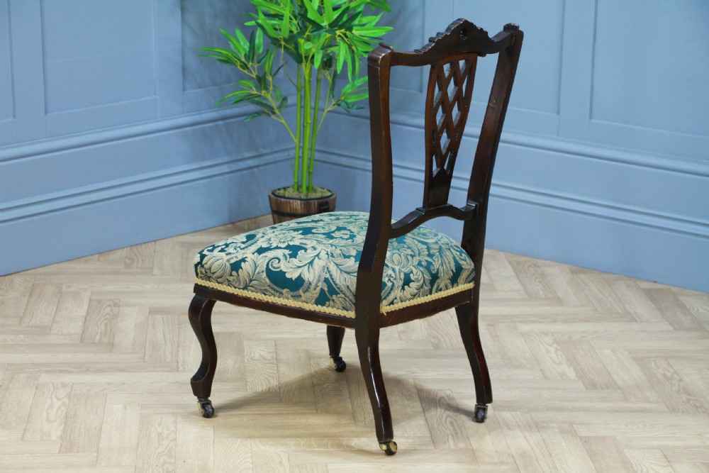 Antique Edwardian Dark Mahogany Carved Upholstered Nursing Chair C1890
 View XI