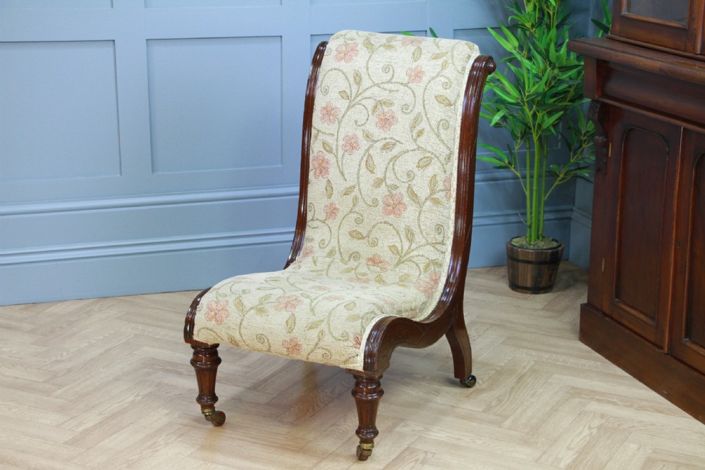 Antique Late Victorian Mahogany Carved Scroll Back Slipper Nursing Chair 1880