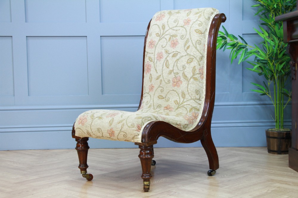Antique Late Victorian Mahogany Carved Scroll Back Slipper Nursing Chair 1880 View II