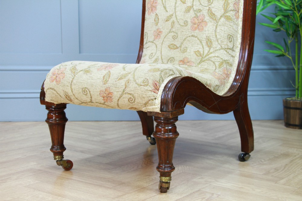 Antique Late Victorian Mahogany Carved Scroll Back Slipper Nursing Chair 1880 View IV