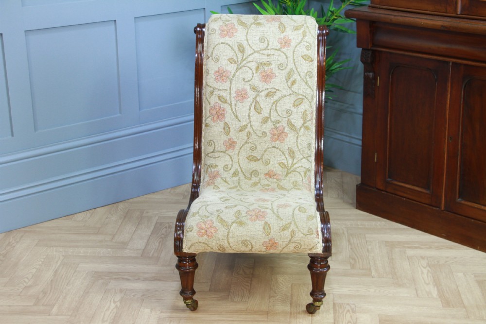 Antique Late Victorian Mahogany Carved Scroll Back Slipper Nursing Chair 1880 View V