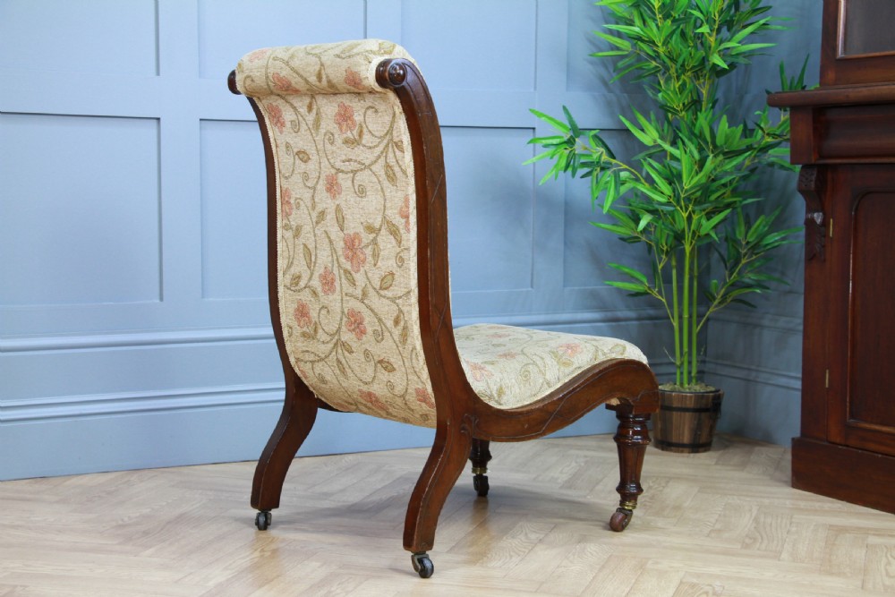 Antique Late Victorian Mahogany Carved Scroll Back Slipper Nursing Chair 1880 View VII