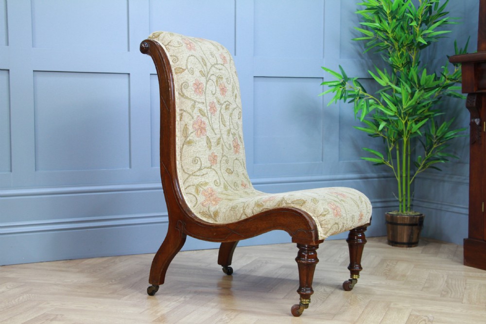 Antique Late Victorian Mahogany Carved Scroll Back Slipper Nursing Chair 1880 View VIII