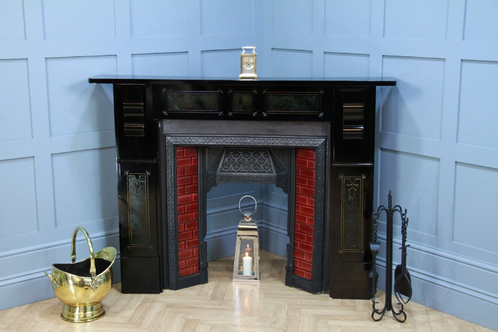 Antique Victorian Aesthetic Movement Cast Iron Fireplace With Ebonised, Marbled & Gilded Slate Surround View VII