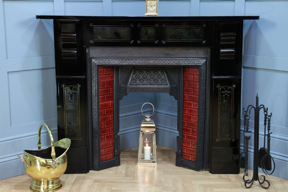 Antique Victorian Aesthetic Movement Cast Iron Fireplace With Ebonised, Marbled & Gilded Slate Surround View II