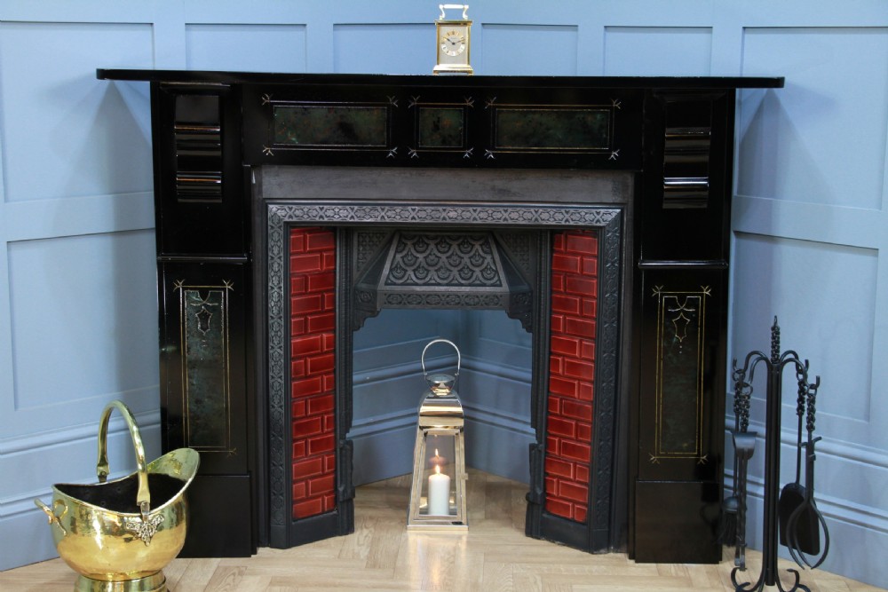 Antique Victorian Aesthetic Movement Cast Iron Fireplace With Ebonised, Marbled & Gilded Slate Surround View III