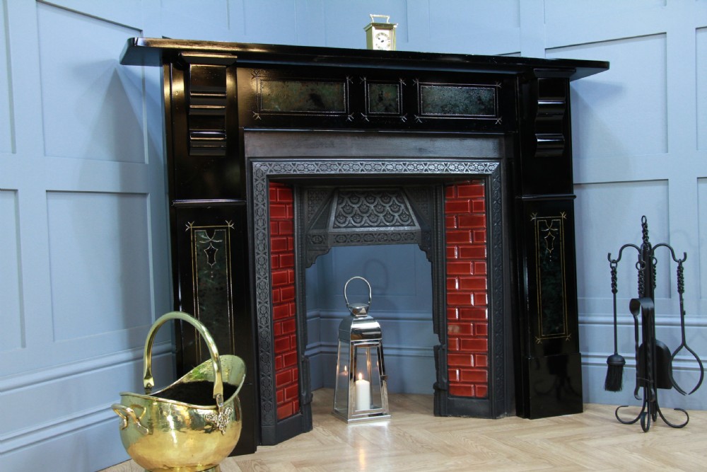 Antique Victorian Aesthetic Movement Cast Iron Fireplace With Ebonised, Marbled & Gilded Slate Surround View IV