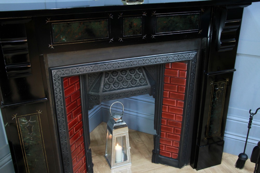 Antique Victorian Aesthetic Movement Cast Iron Fireplace With Ebonised, Marbled & Gilded Slate Surround View V