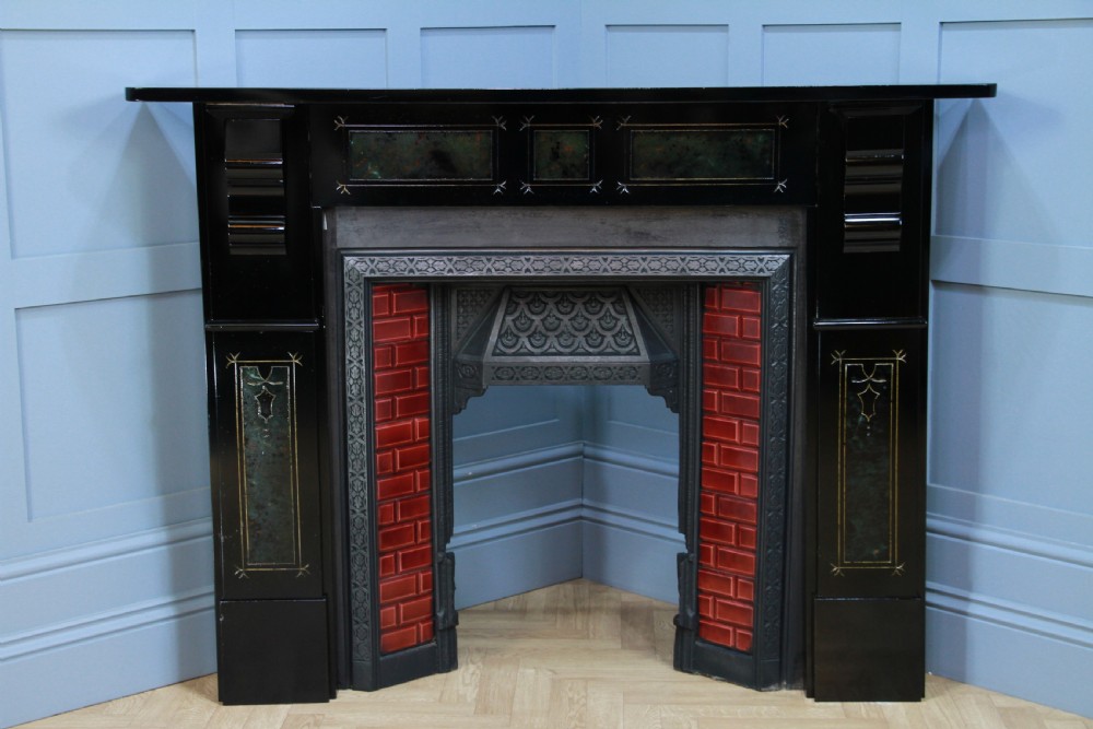 Antique Victorian Aesthetic Movement Cast Iron Fireplace With Ebonised, Marbled & Gilded Slate Surround View VI