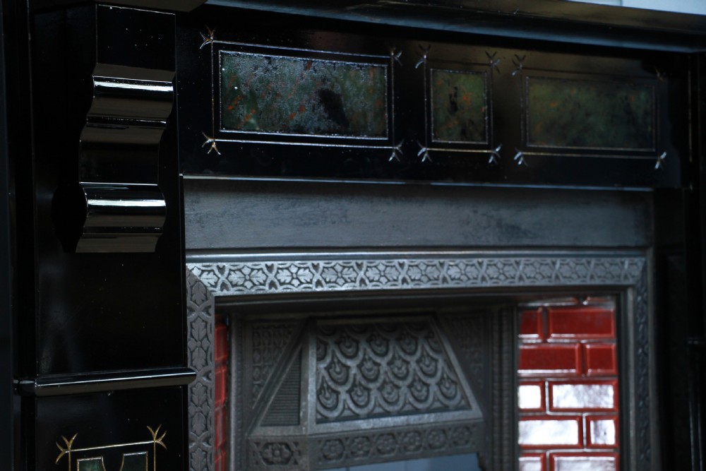 Antique Victorian Aesthetic Movement Cast Iron Fireplace With Ebonised, Marbled & Gilded Slate Surround View VIII