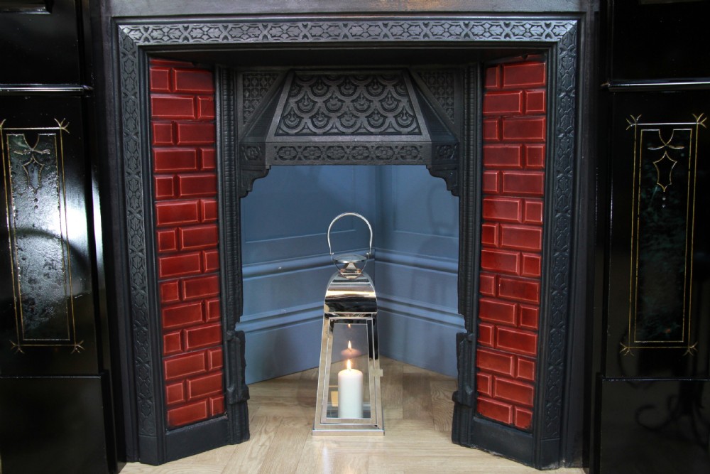 Antique Victorian Aesthetic Movement Cast Iron Fireplace With Ebonised, Marbled & Gilded Slate Surround View IX