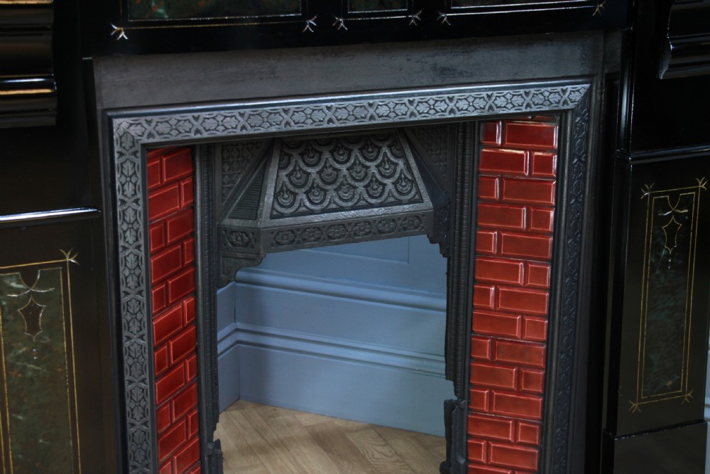 Antique Victorian Aesthetic Movement Cast Iron Fireplace With Ebonised, Marbled & Gilded Slate Surround View X