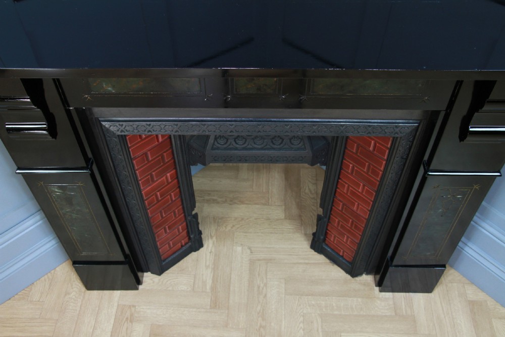 Antique Victorian Aesthetic Movement Cast Iron Fireplace With Ebonised, Marbled & Gilded Slate Surround View XI