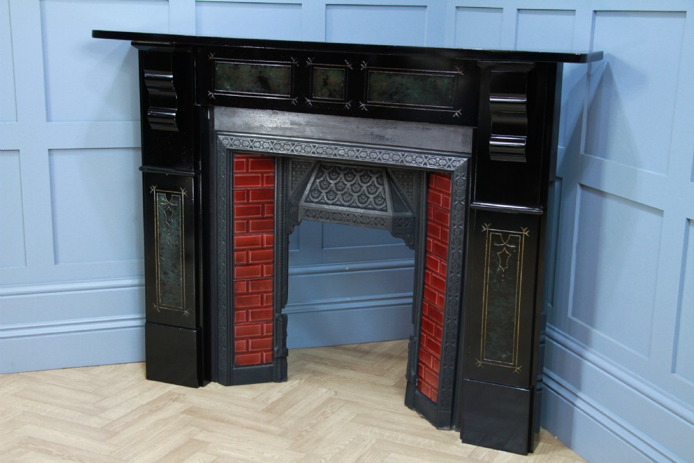Antique Victorian Aesthetic Movement Cast Iron Fireplace With Ebonised, Marbled & Gilded Slate Surround View XII